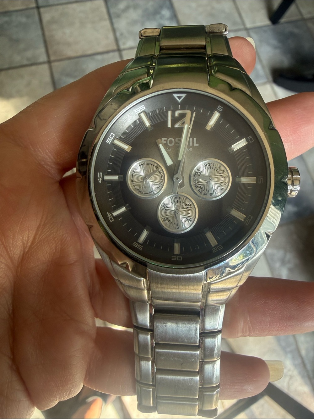 Fossil Silver-Tone Watch with Black Dial and Subdials